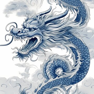 Chinese dragon drawing with blue ink chinoiserie