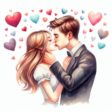 couple kissing, watercolor illustration on white background, valentine's day theme Generative AI