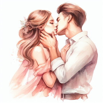 couple kissing, watercolor illustration on white background, valentine's day theme Generative AI