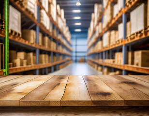 Empty wooden table with warehouse background