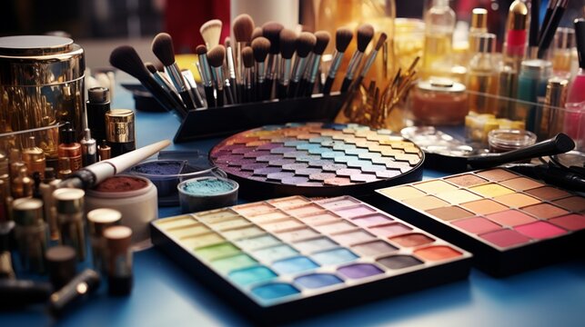 A high-resolution 8K photograph of a makeup artist's tools, with brushes neatly arranged against a background of vibrant and diverse makeup palettes.