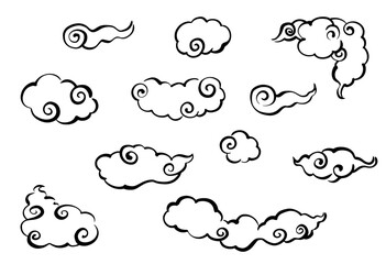 モノクロの和風、中華風の雲のセット
