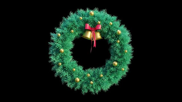 Christmas fir pine wreath with golden balls, dangling bells and animated bow ribbons. 4K, Loop, Matte, Blue screen.
