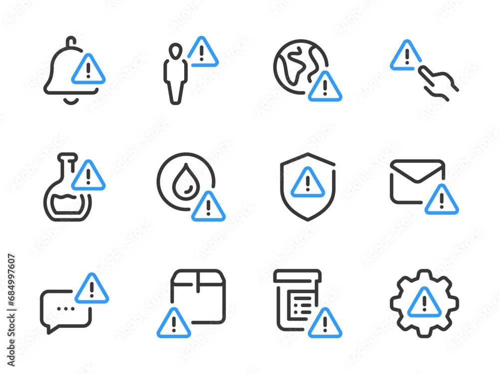 Poster warning and alert notification vector line icons. error, attention and caution outline icon set.