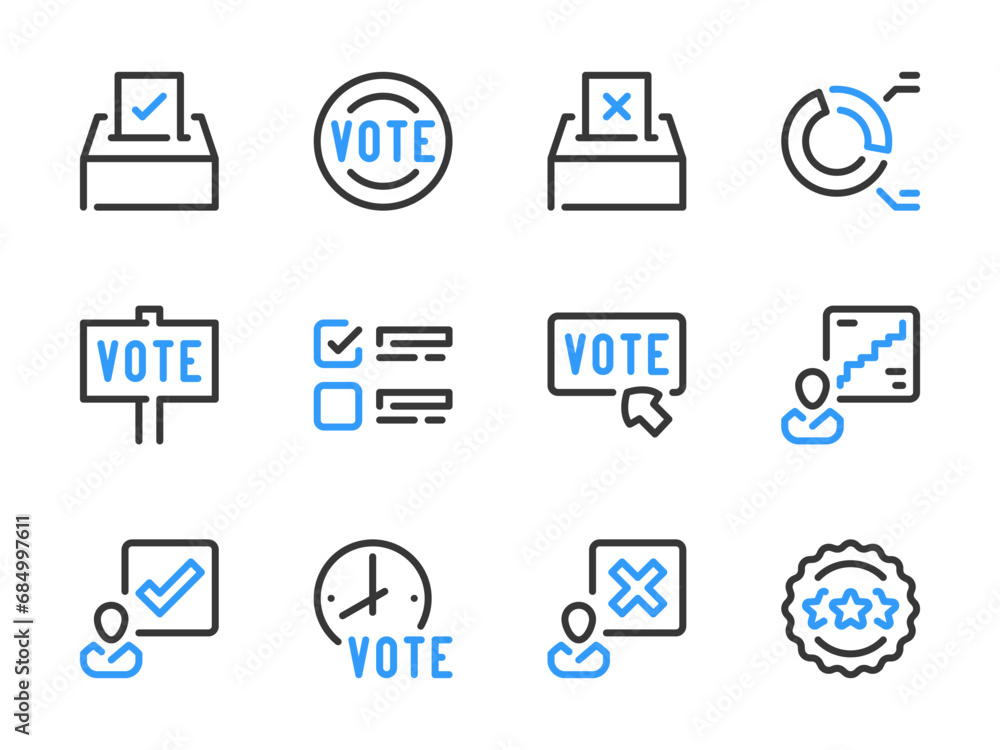 Poster election and voting vector line icons. vote, ballot box and polling outline icon set.