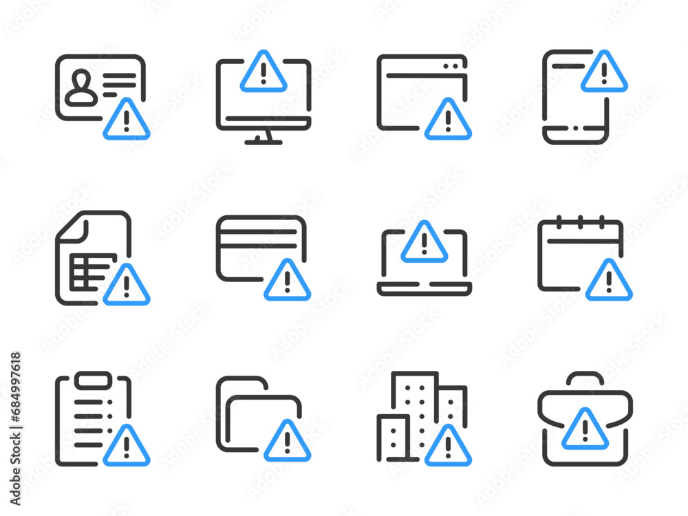 Poster warning and alert notification vector line icons. error, attention and caution outline icon set.
