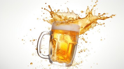 Cheers cold beer with splash coming out of mug isolated