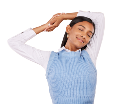 Woman, relax and stretching smile for peace or quiet free time, calm isolated on transparent png background. Indian person, arms for morning joy or sleepy for weekend wellness, lazy day or wellbeing