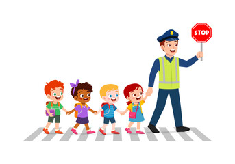 Fototapeta premium police man help little kid to cross the road