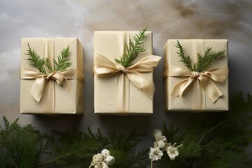 Gift boxes on wooden table. Christmas and New Year holidays background