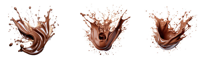 Set of Tempting dessert photography, featuring a decadent chocolate splash on a transparent background. An artful portrayal of mouthwatering sweetness.