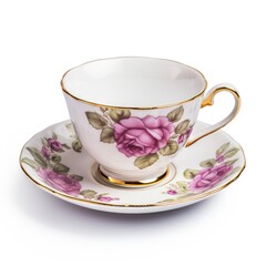 Vintage Floral Porcelain Teacup and Saucer Isolated on White Background
