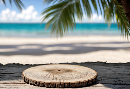 Planche en bois de pr&eacute;sentation d'objet avec pour d&eacute;cor une plage de sable blanc et un lagon