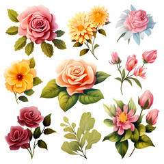 3D digital paintings of rose flowers and leaves. Pastel colors, bright colors, AI generated