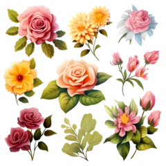 Fotobehang 3D digital paintings of rose flowers and leaves. Pastel colors, bright colors, AI generated © kan
