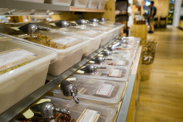 Eco store view with scoops to fill the bags with organic produce