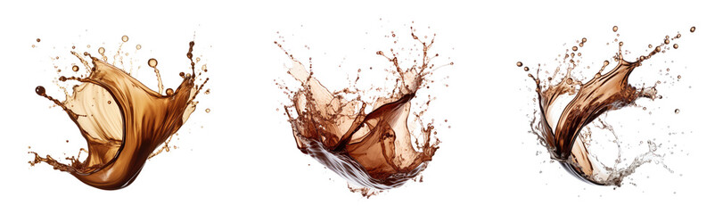 Set of A realistic and dynamic image capturing the energizing essence of a hot coffee splash. Perfect for coffee lovers and commercial use. - obrazy, fototapety, plakaty
