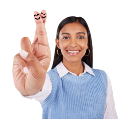 Woman, portrait and fingers crossed for good luck hand sign, wish or isolated on transparent png background. Indian person, finger gesture and smile face drawing for hope promise, review or winning