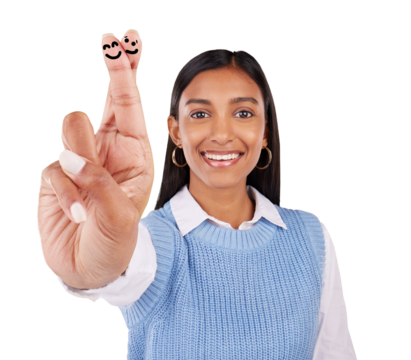 Woman, portrait and fingers crossed for good luck hand sign, wish or isolated on transparent png background. Indian person, finger gesture and smile face drawing for hope promise, review or winning