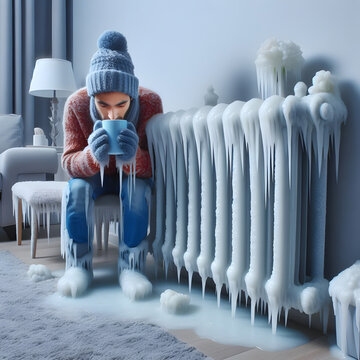 Frozen radiator at home with a man trying to warm up, energy shortage concept