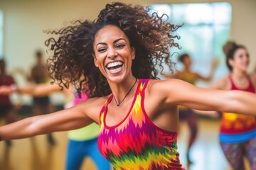 portrait of smiling woman dancing zumba training and working out. Group training, fitness, dancing - 685000026
