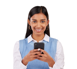Portrait, businesswoman and smile with phone for texting, email or message by cellular connection. Indian person, entrepreneur and startup on isolated or transparent png background for communication