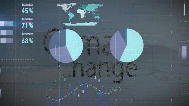 Animation of financial data processing over climate change text on grey background