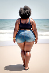 Une femme noire en surpoids à la plage portant un short en jean