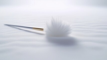 A cotton swab resting on a pristine white surface, with meticulous attention to the fine details of the cotton fibers.