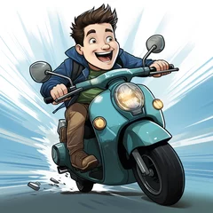 Fotobehang ,mann auf roller isoliert cartoon comic style lachend vespa roller motorrad fgahren italien © JPbodyparts