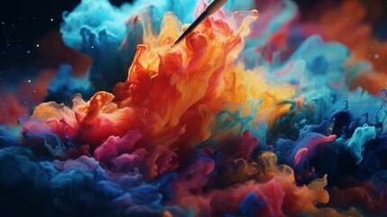 A cotton swab soaked in vibrant, colorful ink, capturing the moment it touches a blank canvas.