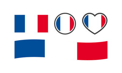 National flag of France. Flat, color, national flag of France in the shape of a square, circle, heart. France flag for design. Vector icons