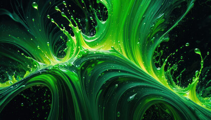 Green paint splash with waves and droplets on a black background