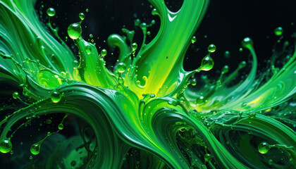 Vibrant green paint splash with waves and droplets