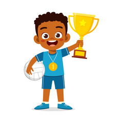 little kid holding trophy winning in sport