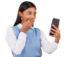 Happy woman, cover and mouth with phone for social media, announcement or notification on internet. Indian person, excited and app on isolated or transparent png background for gossip, news or alert