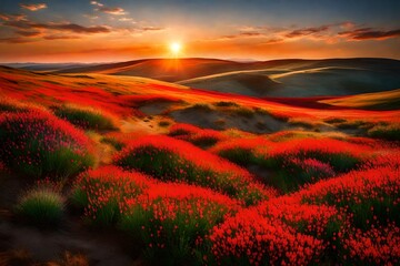A sun-drenched prairie covered in Indian paintbrush, creating a vibrant mosaic of red and green beneath the expansive blue sky.