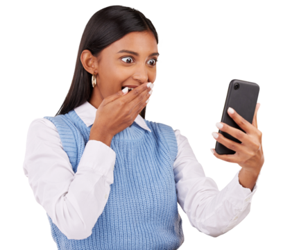 Happy woman, cover and mouth with phone for social media, announcement or notification on internet. Indian person, excited and app on isolated or transparent png background for gossip, news or alert