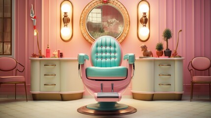 A retro-style beauty salon chair in a vibrant, 1950s-inspired salon setting, evoking a sense of...
