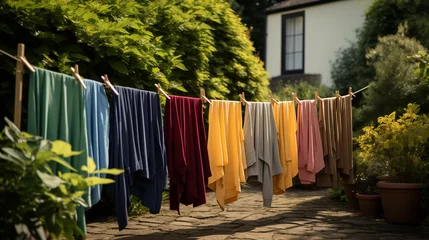 Foto op Canvas wäscheleine mit bunter wäsche sommer frisch wiese garten hängend duft wind sommerlich © JPbodyparts