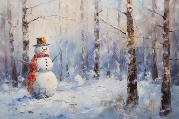 A cute Christmas snowman in a snowy forest. Christmas, muted Christmas winter colors.