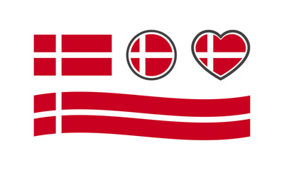 National flag of Denmark. Flat, color, national flag of Denmark in the shape of a square, circle, heart. Denmark flag for design. Vector icons