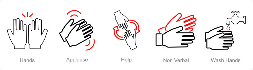 A set of 5 Hands icons as hands, applause, help