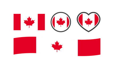 Fototapeta premium National flag of Canada. Flat, color, national flag of Canada in the shape of a square, circle, heart. Canada flag for design. Vector icons