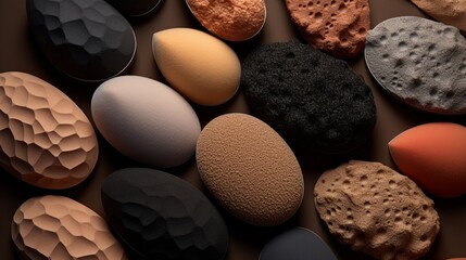 A set of makeup sponges in various shapes and sizes, showing their intricate textures and details. - obrazy, fototapety, plakaty