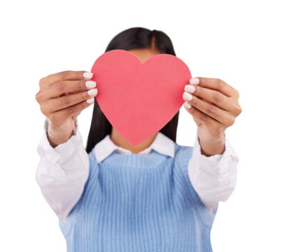 Hands, romance and hidden person with heart paper, emoji icon or care poster for Valentines Day, health or support. Compassion, face cover or student love sign isolated on transparent, png background