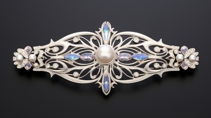 A silver hair clip with pearls and gemstones, radiating a touch of luxury.
