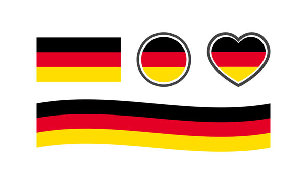National flag of Germany. Flat, color, national flag of Germany in the shape of a square, circle, heart. Germany flag for design. Vector icons