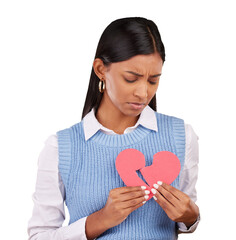 Sad, breakup and an unhappy woman with a broken heart isolated on a transparent background for depression. Love, pain and tear in a cardboard shape with a young person on PNG for emotional grief