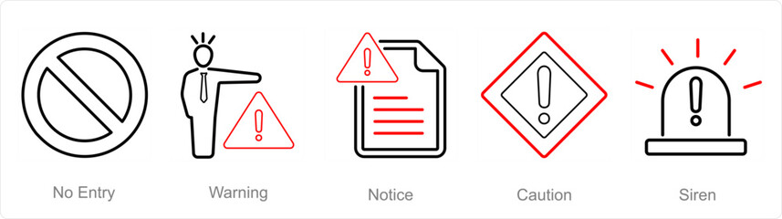 A set of 5 Hazard Danger icons as no entry, warning, notice